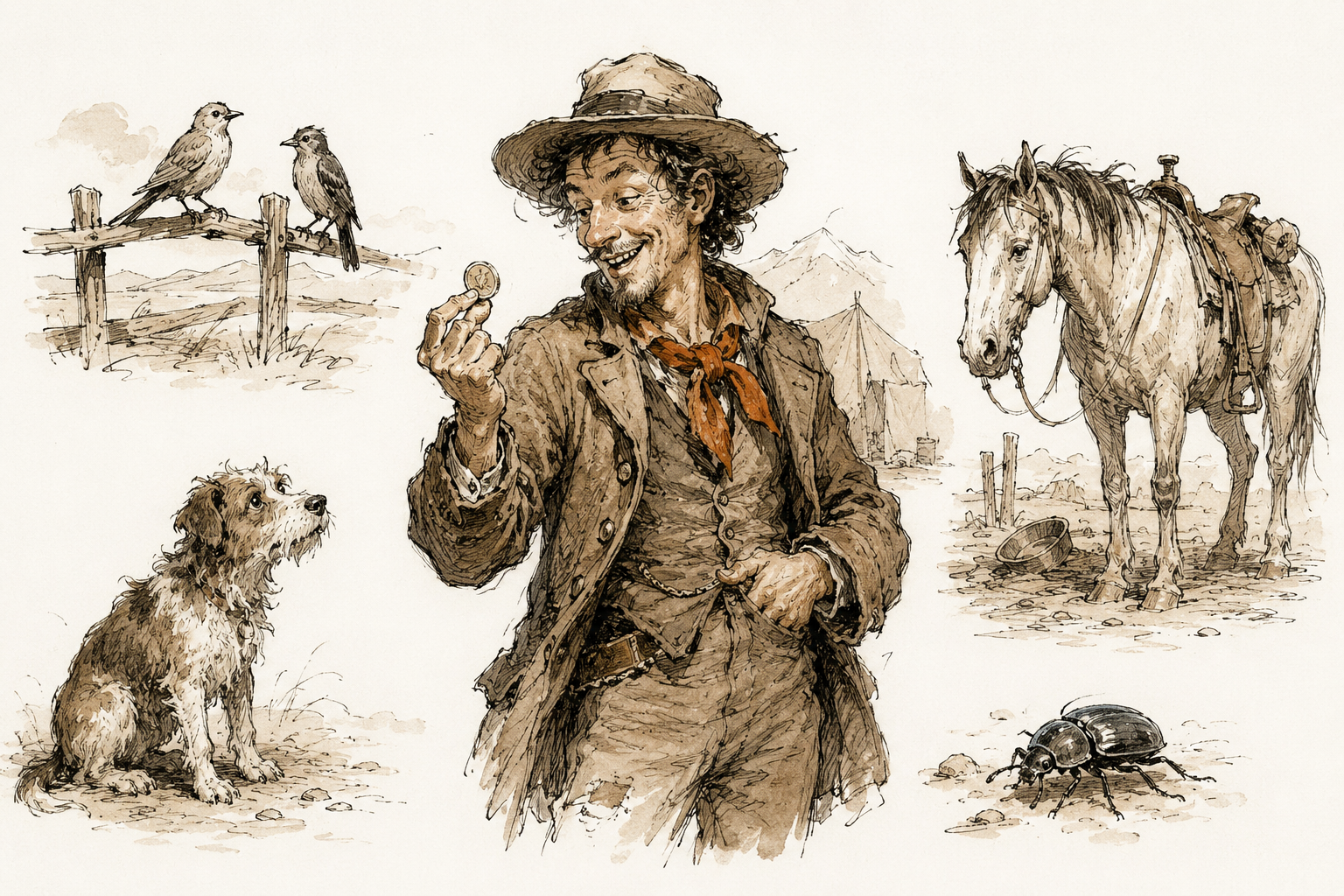 Jim Smiley, a lanky grinning frontier gambler holding up a coin, surrounded by the birds, dog, horse, and beetle he would bet on