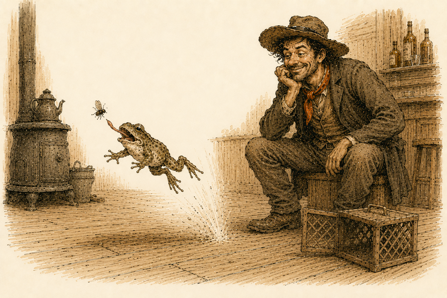 Dan'l Webster the frog leaping to snatch a fly while Smiley watches with delight, a lattice box at his feet