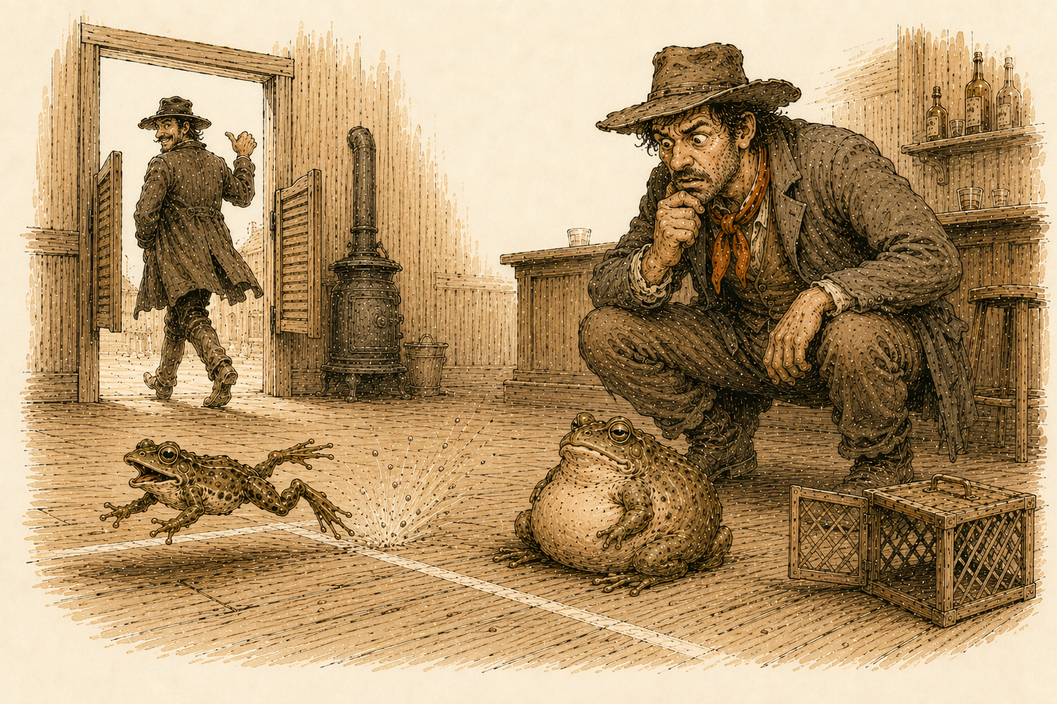 One frog leaping free while Dan'l sits bloated and motionless, Smiley crouched baffled, the sly stranger slipping out the door