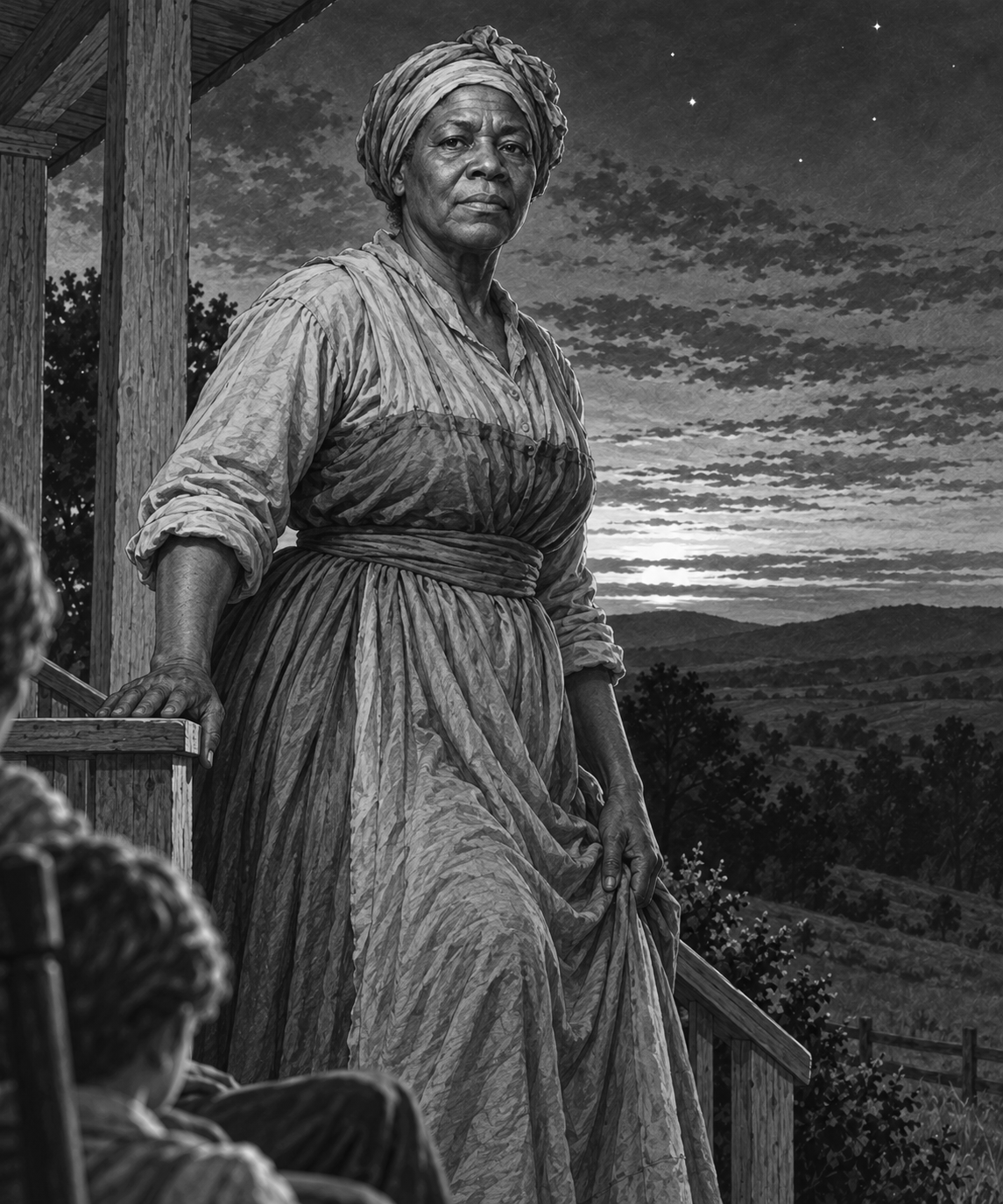 A dignified portrait of Aunt Rachel on the porch at dusk, from the illustrated edition of A True Story.