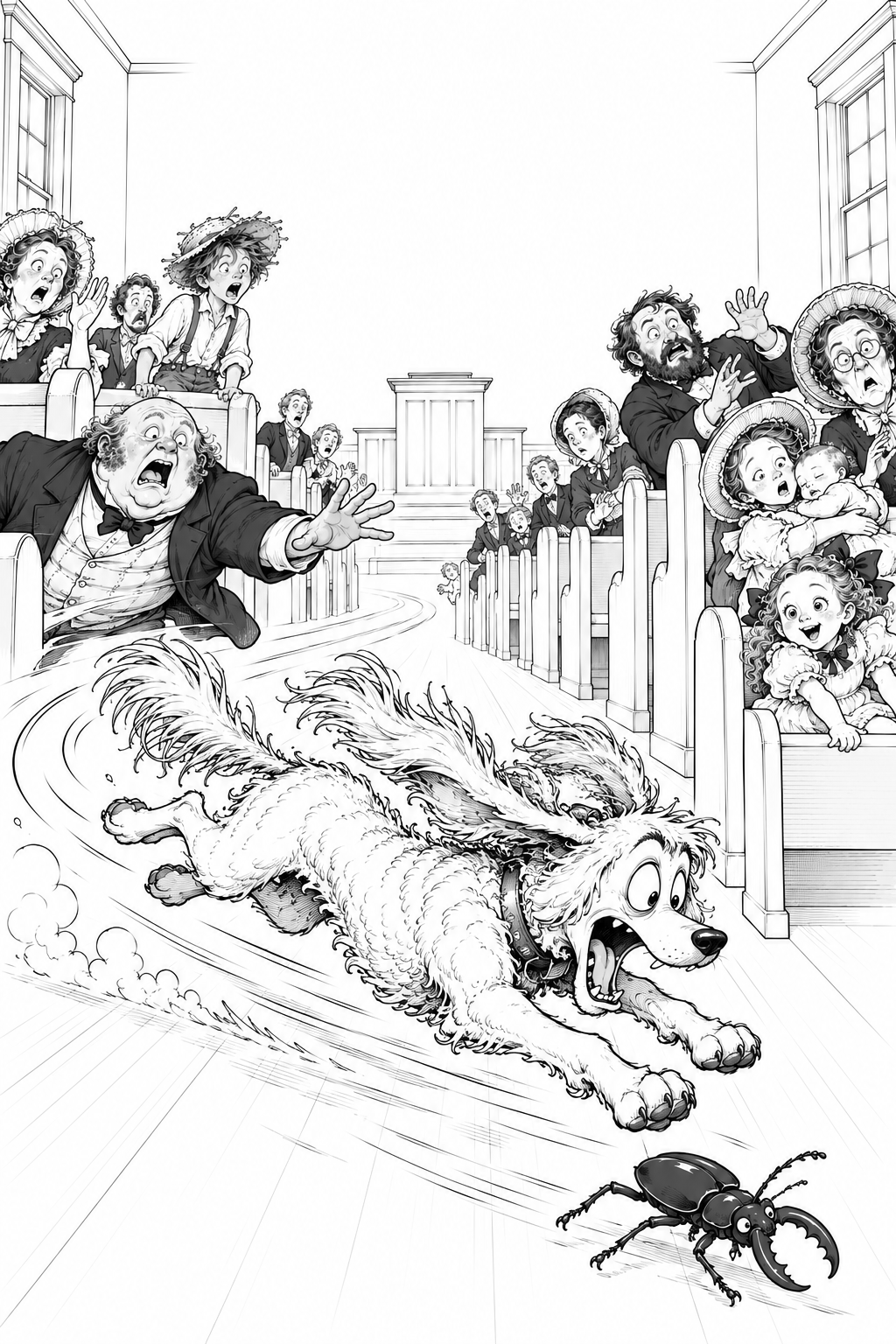 The poodle tears down the church aisle like a woolly comet while the congregation reacts