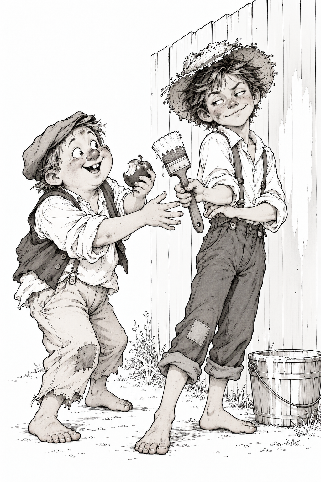 Ben trades a bitten apple for the privilege of whitewashing, and Tom hands over the brush